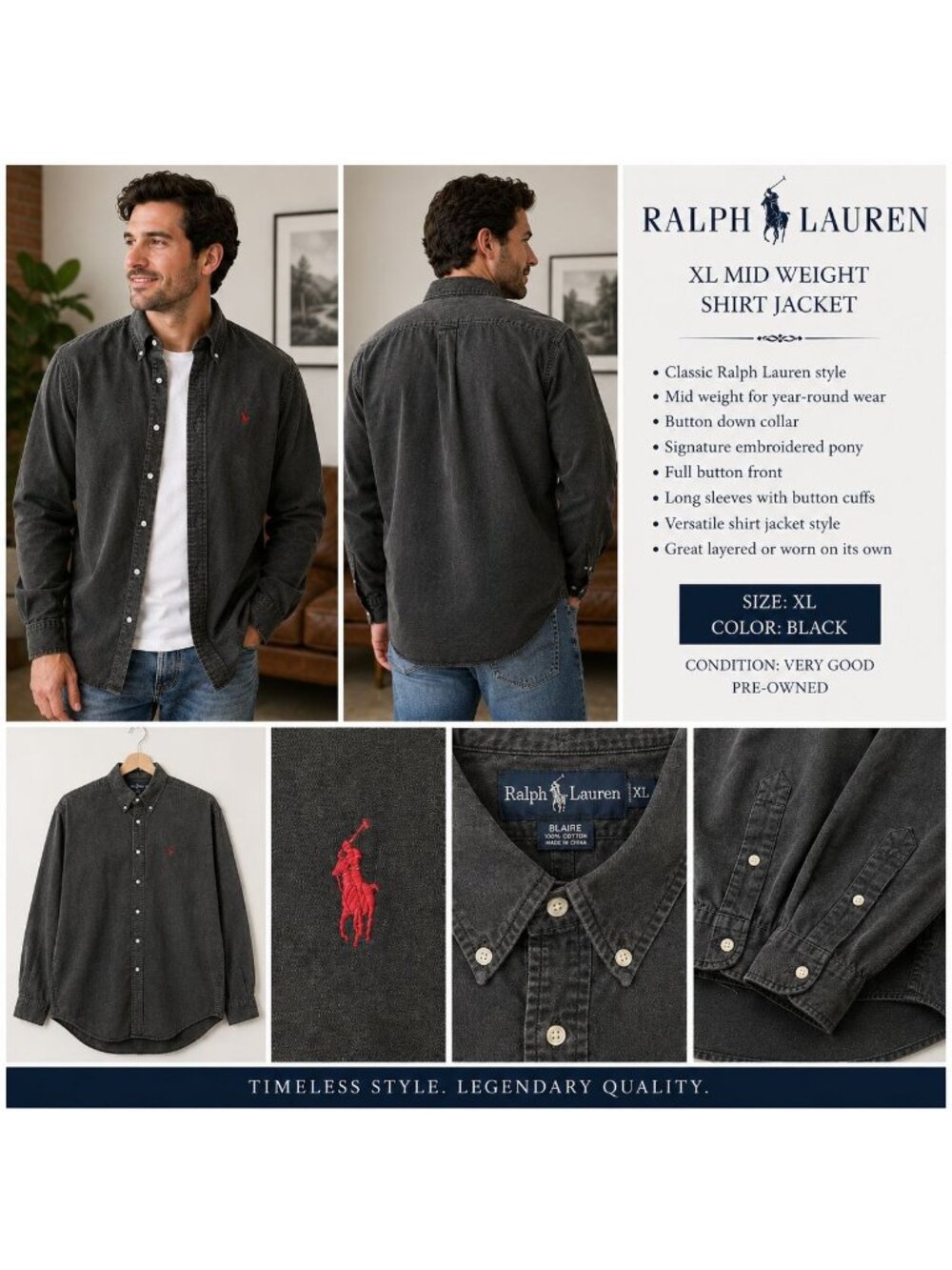 Ralph Lauren Mens XL Blake Jacket Shirt  Black Button Down Long Sleeve Pony Logo
